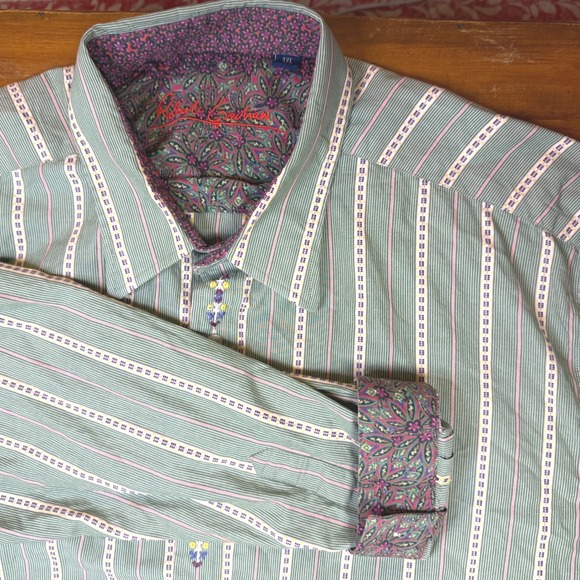 Robert Graham Men's Button‎ Down Shirt Striped Embroidered Floral Flip Cuff 3XL - Picture 1 of 9
